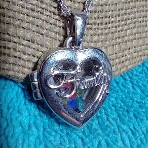 Silver Heart Locket Necklace Family with Multicolor Colorful Gemstones